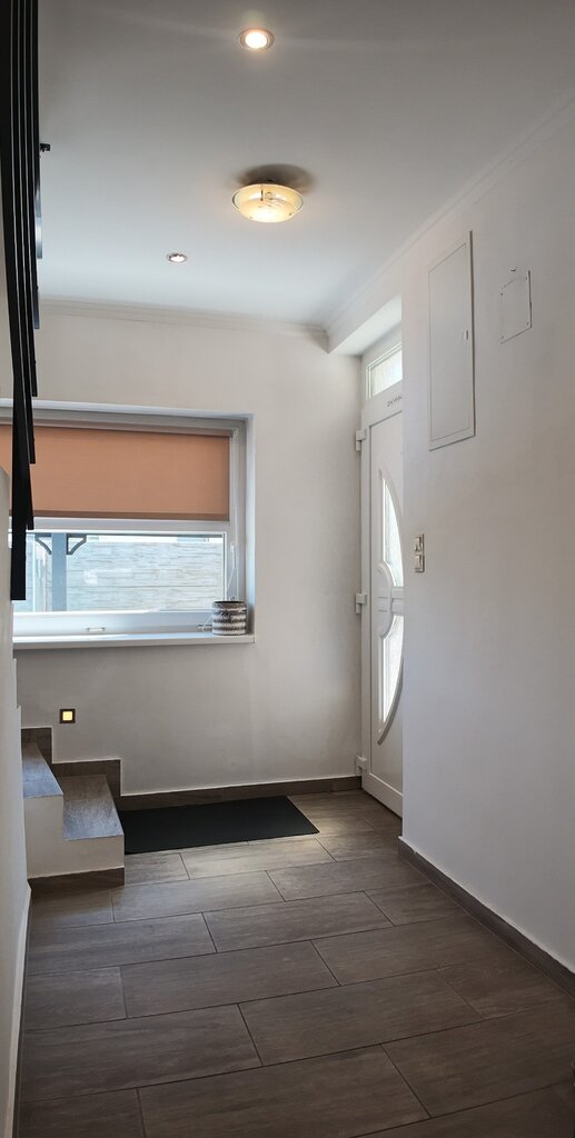 Modern előszoba sötét padlólappal, bejárati ajtóval és lépcsőfeljáróval